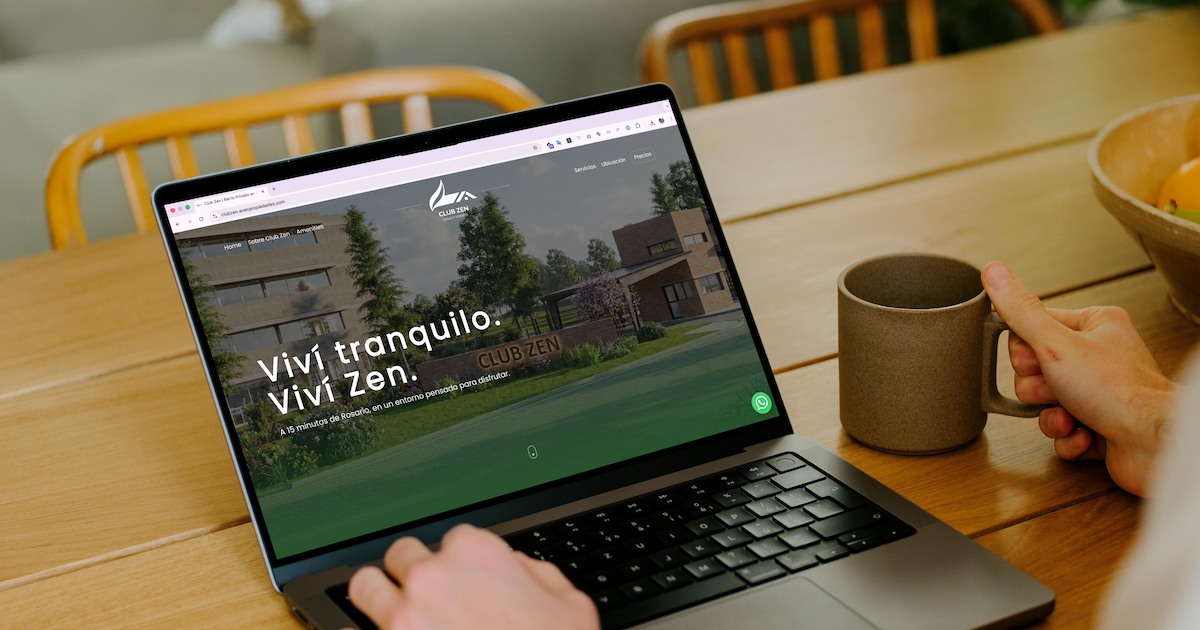 Landing del emprendimiento Club Zen con el título "Viví tranquilo. Viví Zen." sobre un render del barrio