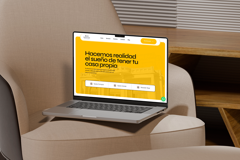 Portada amarilla del sitio de Kairos Inmobiliaria con el título "Hacemos realidad el sueño de tener tu casa propia" y botones para comprar, vender o tasar