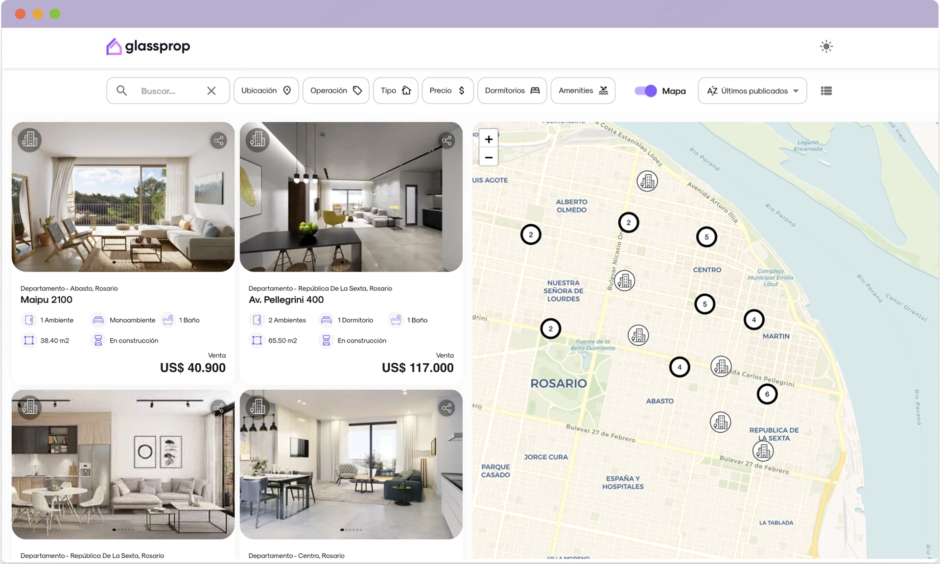 Listado de propiedades con mapa interactivo en escritorio