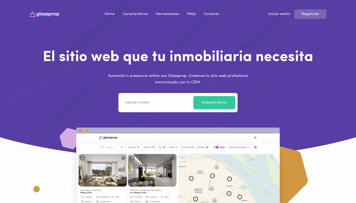 Pantalla mostrando una web inmobiliaria moderna con mapa interactivo y listado de propiedades
