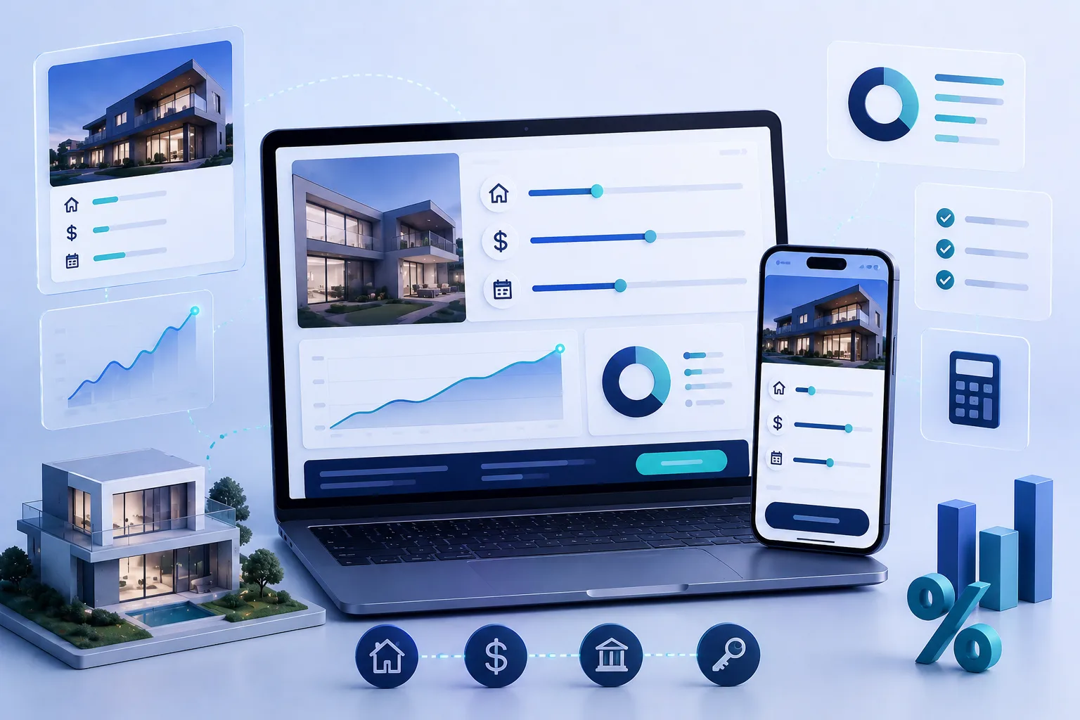 Notebook y celular mostrando un simulador hipotecario con gráficos, propiedades y controles de tasa, simbolizando la integración del widget en una web inmobiliaria